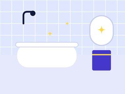 Illustration of a bright bathroom with a bathtub, a round mirror and a folded towel