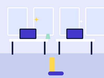 Illustration of an office with two desks, computer screens and tall windows