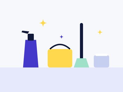 Illustration of cleaning supplies: a spray bottle, a bucket, a mop and a container
